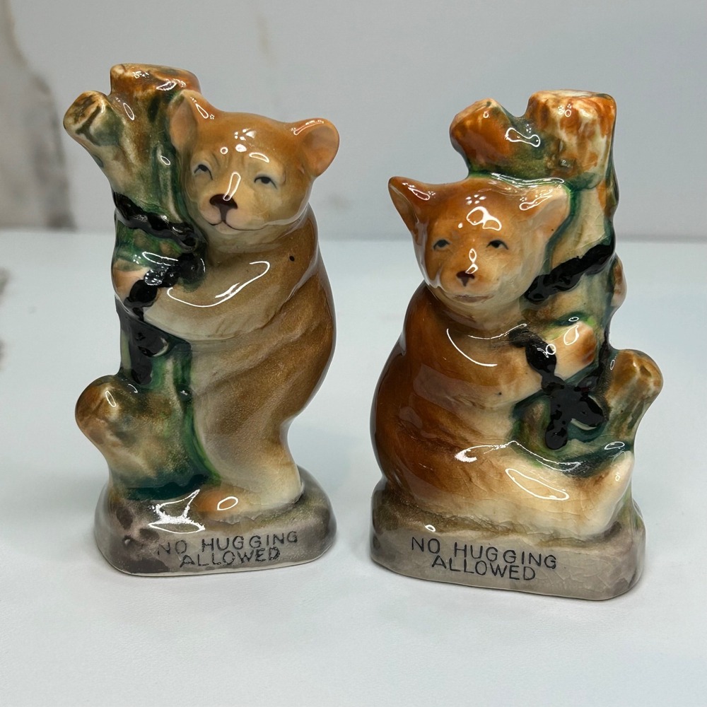 Vintage No Hugging Allowed Bear Salt and‎ Pepper Shakers Ceramic Figurines Set